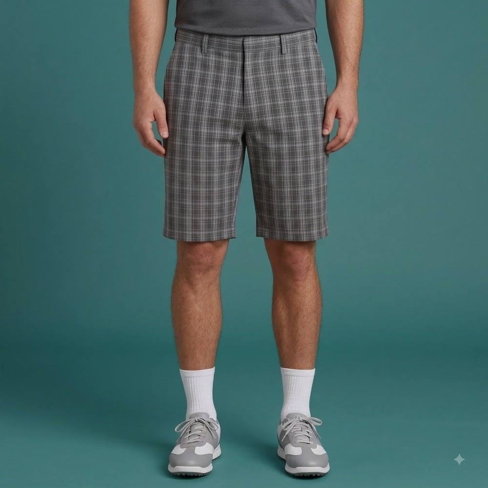 Tiger Woods Collection Golf Shorts Men 36 Gray Plaid Stretch Flat Front